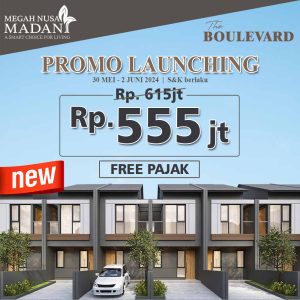 PROMO LAUNCHING. Rumah 2 lantai hanya 555 juta rupiah (harga normal 615 juta rupiah) dan sudah free pajak. Berlaku dari 30 Mei 2024 sampai 2 Juni 2024.